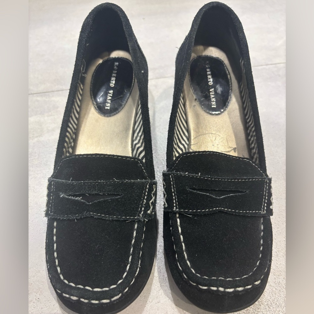 ROBERTO VIANNI Vintage Suede Leather Penny Loafers, embroidered stitches details